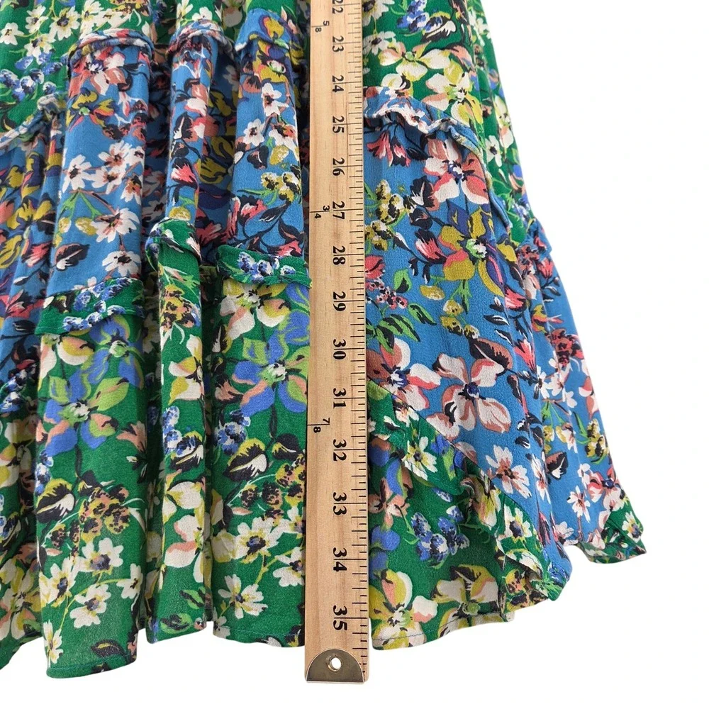 Anthropologie Robin Tiered Mini Dress Blue Green Floral Boho Cottagecore S